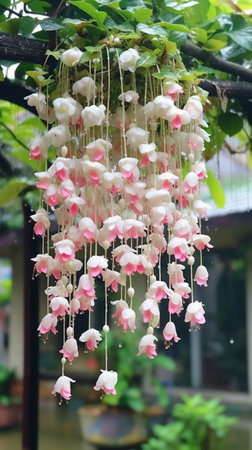 pink and white flowers hanging on a tree in the garden.の素材