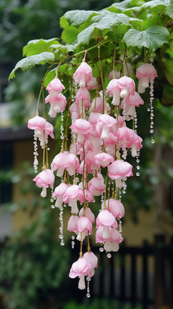pink flowers with white beads hanging in the garden, stock photoの素材