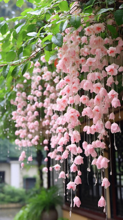 pink flowers hanging on a tree in the garden, stock photoの素材