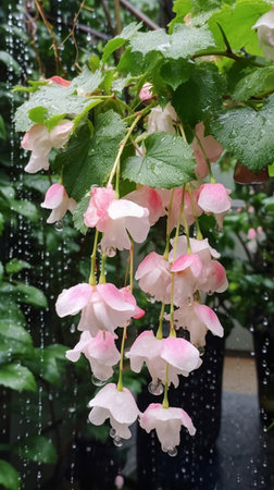 Pink begonia flowers with rain drops in the garden, stock photoの素材