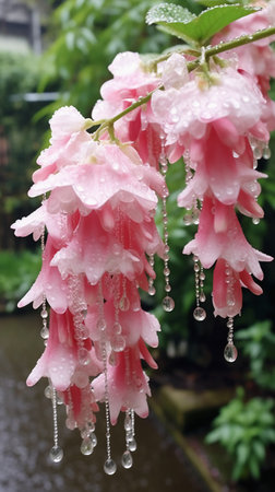 pink flowers with water droplets on the petals after rainの素材