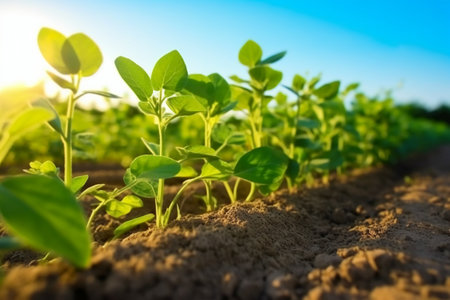 Soybean seedlings growing in soil. Young green soybean plants growing in soilの素材