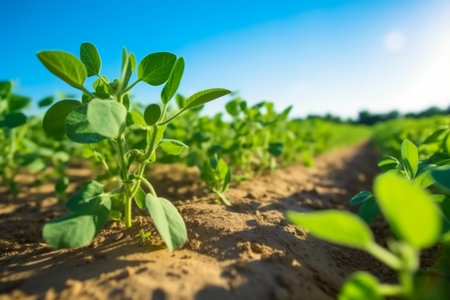 Soybean field in spring. Young soybean plants growing in soil.の素材