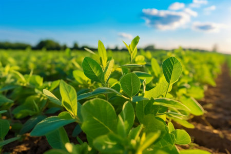 Soybean field in summer. Young soybean plants in the fieldの素材