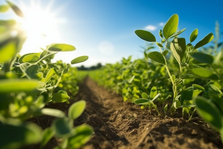 Soybean field in sunny day. Close up of soybean plant growing in the soil.の素材