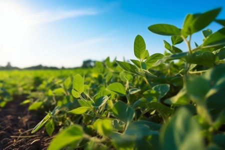 Soybean field in the morning light. Close-up of soybean plants growing in soil.の素材