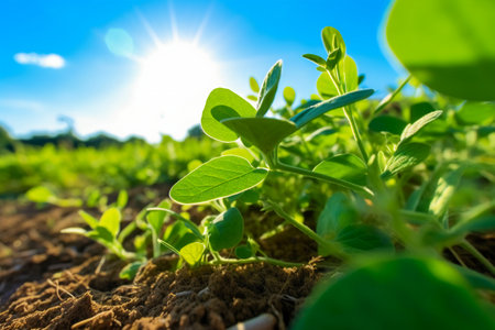Peanut seedlings growing in a field on a sunny day.の素材