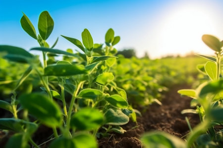 Soybean seedlings growing in soil. Young soybean plants growing in soil on sunny day.の素材