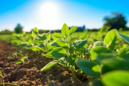Soybean field in sunny day. Young green soybean plants growing in soil.の素材