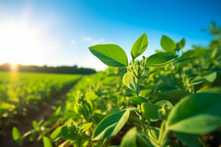 Soybean seedlings in the field. Young green soybean plants at sunset.の素材