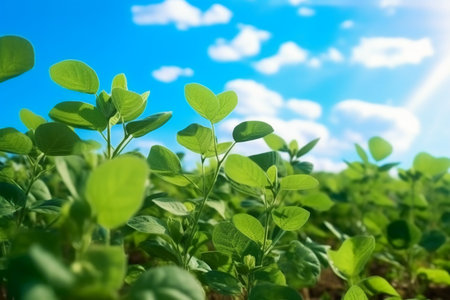 Soybean field in sunny day. Green soybean plants growing in soil.の素材