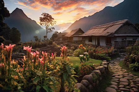 Village in the mountains at sunset, Sapa, Lao Cai Province, Vietnamの素材
