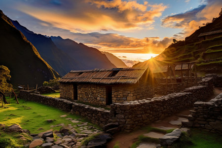 Sunset in Machu Picchu, Peru. Machu Picchu is an Inca archaeological site in southern Peru.の素材