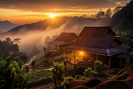 Beautiful Sunrise at Ban Pa Bong Piang, Mae Hong Son, Thailandの素材