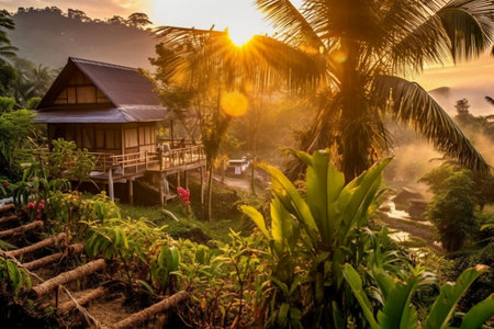 Village in the jungle at sunset, Bali island, Indonesiaの素材