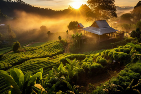 Tea plantation at sunrise in the morning, Mae Hong Son, Thailandの素材