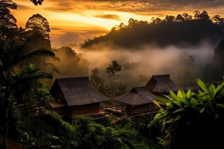 Silhouette of wooden house in the forest at sunrise, Bali, Indonesiaの素材