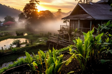 Beautiful Sunrise at Ban Rak Thai, Mae Hong Son, Thailandの素材