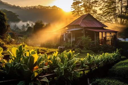 Sunrise in the garden at Mae Fah Luang, Chiang Rai, Thailandの素材
