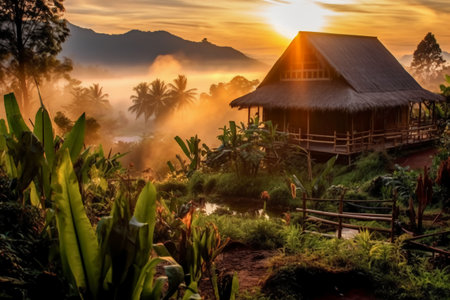 Beautiful landscape in the morning with sunrise and fog in Bali, Indonesiaの素材