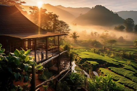 Tea plantation at sunrise in the morning, Bali island, Indonesiaの素材