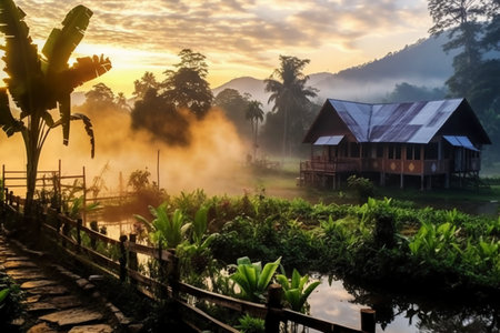 Fog in the rice field at sunrise, Bali, Indonesiaの素材