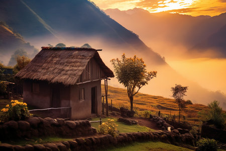 Hut in the mountains at sunset, Sapa, Vietnam.の素材