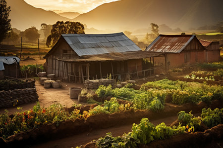 Village in the mountains at sunset, Thailand. Vintage style.の素材