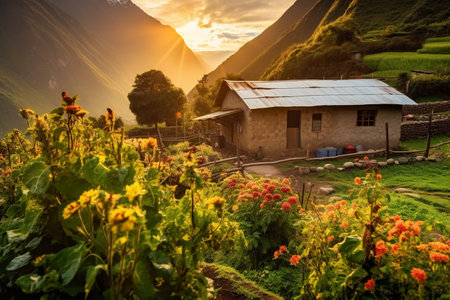 Sunset in the mountains with sunflowers in the foreground.の素材