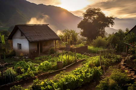 Beautiful landscape of vegetable garden at sunrise in the countryside of Sapa, Vietnam.の素材