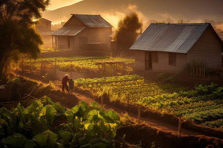 Farmers working in the vegetable garden in the morning at sunrise.の素材