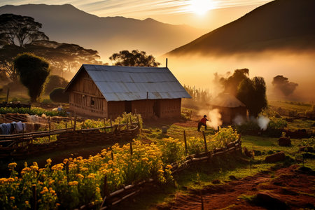 Village in the mountains during sunrise. Sri Lanka, Asia.の素材