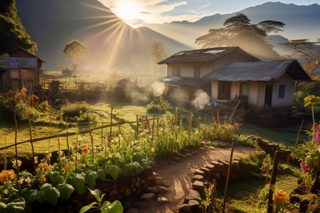 Village in the highlands of Myanmar (Burma) at sunriseの素材