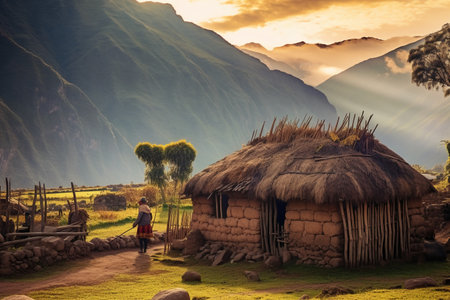 A woman stands in front of a thatched hut in Machu Picchu, Peruの素材