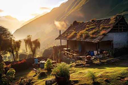 Village in the Himalayas at sunset, Annapurna Circuit Trek, Nepalの素材