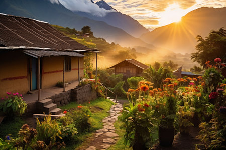Village in the Himalayas at sunset, Annapurna Circuit Trek, Nepalの素材