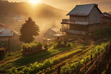 Village in the mountains at sunset, Mae Hong Son, Thailandの素材