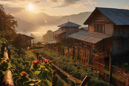 Wooden houses on the hillside at sunrise in the morning, Thailandの素材