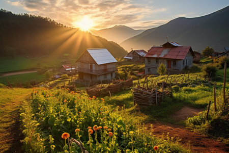 Sunset over the village in Carpathian mountains, Ukraine.の素材