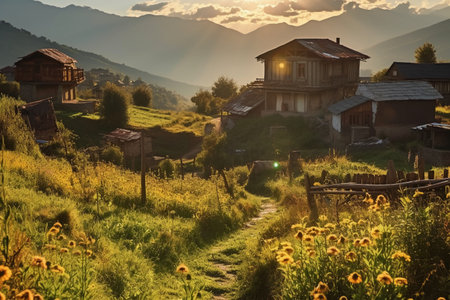 Village in Svaneti region of Georgia at sunrise.の素材