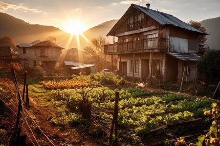 Sunset in the village. Village in the Carpathians, Ukraineの素材