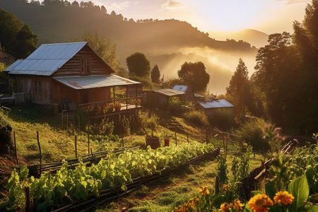 Sunrise in the morning in the village, Mae Hong Son, Thailandの素材