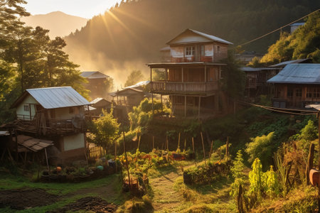 Village in the mountains in the morning, Mae Hong Son, Thailandの素材