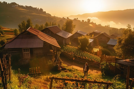 Village in the mountains at sunset. Carpathians, Ukraineの素材