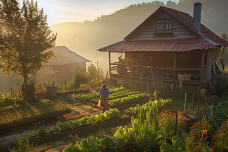 Woman working in her vegetable garden at sunrise. Beautiful summer landscape.の素材