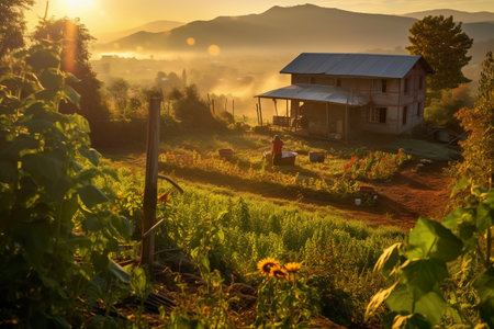 Sunrise at the vegetable garden with sunflowers in the morningの素材