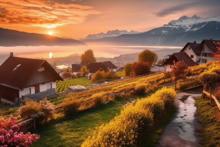 Beautiful view of the village in the Swiss Alps at sunset.の素材