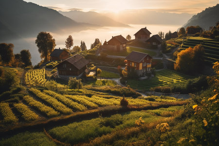 Sunset over the vineyards in the Swiss Alps, Switzerland.の素材