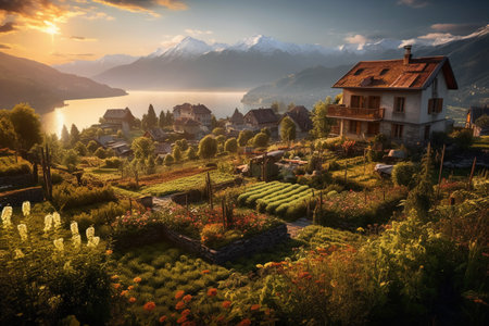 Fantastic view of Lake Lucerne at sunrise, Switzerlandの素材