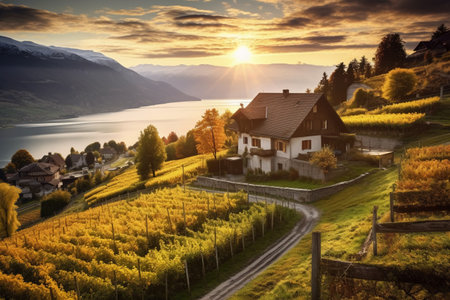 Sunset over the lake Lucerne, Switzerland. Beautiful autumn landscape.の素材